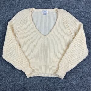 Paco Eligio Sweater Womens Size S Cream V-Neck Cropped Ribbed Knit Pullover